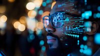 Young African American male professional with glasses reflecting digital data visualization and code in dark environment with bokeh lights. Technology concept.