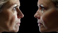 Side profile portraits of two women facing each other against dark background, dramatic lighting emphasizes emotional expressions and facial features, tears visible.