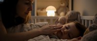 Loving mother gently stroking sleeping child's face in cozy bedroom with warm nightlight creating peaceful bedtime moment for family bonding and care.