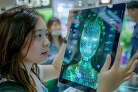 Young Asian woman interacting with facial recognition technology on tablet display showing green wireframe head model and biometric data points in modern setting.