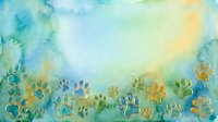 Watercolor paw prints in blue, green, and gold tones scattered across soft gradient background. Suitable for pet-related designs, animal charity materials, veterinary branding.