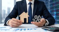 Professional businessman in dark suit holding wooden house model and percentage symbol representing mortgage rates and real estate investment opportunities.