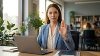 Professional businesswoman in blue blazer waving hello during video call at modern office desk with laptop for remote work communication.