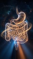 Glowing digestive system with stomach and intestines illuminated in golden light against dark space background, representing gut microbiome and metabolic pathways for medical and scientific education.