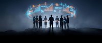 Business team silhouettes viewing holographic data analytics dashboard with charts and graphs in futuristic digital environment for presentations.