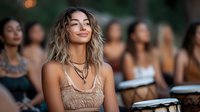 Young mixed-race woman with wavy blonde hair smiling confidently at camera during outdoor event with blurred audience in background for lifestyle marketing.