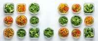 Healthy meal prep containers with fresh vegetables and salads arranged in organized grid pattern for weekly nutrition planning and diet preparation.