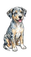 Spotted dog breed sitting with tongue out, isolated on white background. Watercolor style illustration suitable for pet-related designs, t-shirts, and clipart applications.