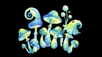 Whimsical mushroom cluster with swirling patterns in blue, green, and yellow watercolor style, isolated on transparent background. Ready for t-shirt designs, stickers, clipart, sublimation, and print-on-demand products.