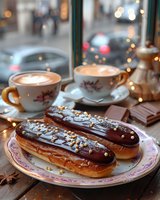 Chocolate eclairs with gold sprinkles on vintage plate alongside cappuccino cups by window. Cozy cafe atmosphere with bokeh lights and coffee time ambiance.