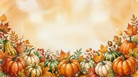 Autumn harvest border with orange pumpkins, gourds and fall foliage on warm textured background for seasonal greeting cards and thanksgiving designs.