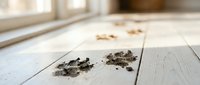 Dead insects and debris scattered on wooden floor planks in sunlit room with blurred windows background for pest control and cleaning concepts.