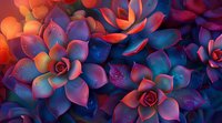 Vibrant succulent plants in neon colors of blue, purple and coral orange create dramatic macro photography background perfect for modern design projects.