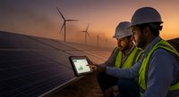 Two diverse male engineers in safety gear monitoring solar panel performance on tablet at renewable energy facility during golden hour sunset.
