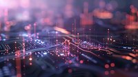 Abstract digital network with glowing light trails and bokeh effects in blue and orange tones, representing technology and data connectivity.