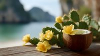 Fresh coconut drink garnished with yellow tropical flowers on wooden surface against blurred ocean background creates relaxing summer atmosphere.