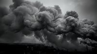 Dramatic black and white storm clouds billowing across dark sky creating powerful atmospheric weather scene for dramatic backgrounds and climate concepts.