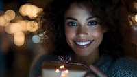 Young African American woman with curly hair smiling while holding glowing gift box with bokeh lights in dark atmospheric setting, expressing joy and wonder.