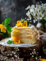 Delicate layers of flaky pastry dusted with powdered sugar, decorated with fresh yellow flowers and mint leaves on rustic wooden surface, moody food photography styling.