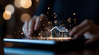 Digital house icon floating above tablet with magical sparkles and bokeh lights, hands typing on touchscreen device in dark setting. Real estate technology concept.