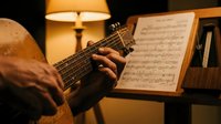 Musician hands playing acoustic guitar with sheet music on stand in warm home studio lighting for practice and learning.