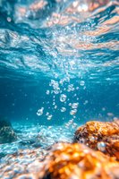 Underwater view of rising air bubbles against turquoise water with sunlit rocks below, creating dynamic motion and natural light effects for ocean themes.