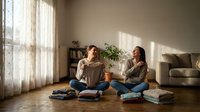 Two young women sitting on floor enjoying coffee together in cozy living room with natural sunlight streaming through window creating warm atmosphere.