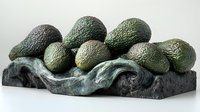 Fresh ripe green avocados arranged on textured stone platform with dramatic lighting and shadows, showcasing natural organic produce for food photography and marketing.