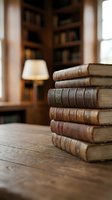 Stack of antique leather-bound books on wooden desk with lamp and library shelves blurred in background, suitable for education, literature, and academic design projects.