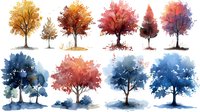 Watercolor trees in different seasons and colors showcase nature's changing palette through artistic expression, featuring delicate brushstrokes and soft color transitions.