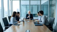Young diverse professionals in business casual attire conduct a corporate meeting in a modern high-rise conference room with floor-to-ceiling windows overlooking the city skyline.