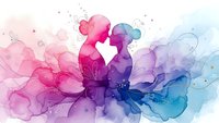 Watercolor silhouettes of couple in love surrounded by flowing floral elements in pink purple blue gradient colors for romantic design projects.