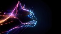Glowing neon cat silhouette with vibrant pink and blue light trails against dark background, side view profile showing mystical feline energy lines and whiskers.