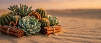 Succulent plants and cactus arrangement with cinnamon sticks on sandy beach at golden sunset. Natural spa wellness concept for relaxation and mindfulness.