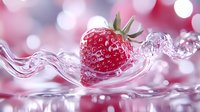 Fresh ripe strawberry splashing in crystal clear water with pink bokeh background, creating dynamic motion and reflective ripples. Food photography.