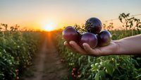 Fresh purple eggplants held in cupped hands at sunset in organic vegetable garden with golden light streaming through tomato plants in background.