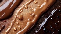 Diagonal stripes of milk, dark and white chocolate with droplets and swirls creating luxurious texture. Macro food photography shows glossy melted surface.