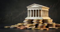 Classical government building with columns standing on stacks of golden coins representing financial stability, banking system and economic foundation.