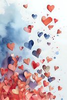 Romantic watercolor hearts in coral pink and navy blue floating on white background with subtle splashes. Perfect for Valentine's Day cards, wedding invitations, and love-themed designs.