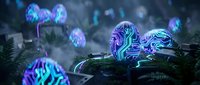 Glowing bioluminescent mushrooms with purple and blue neon lights in dark fantasy forest. Magical fungi emit ethereal glow for sci-fi and nature concepts.