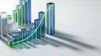 Business growth chart with ascending green and blue bars showing upward trend arrow for financial success and data analytics presentations.