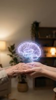 Glowing brain hologram floating above joined hands of elderly and young person in warm home interior representing memory care and mental health support.