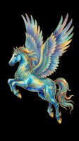 Ornate winged horse with turquoise, gold, and rainbow decorative details, isolated on transparent background. Ready for t-shirts, stickers, clipart, sublimation, and print-on-demand designs.