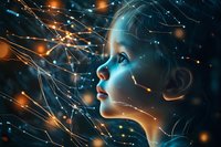 Profile view of face illuminated by glowing blue light amid abstract network of orange light trails and sparks, representing artificial intelligence and digital consciousness.