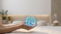 Holographic lungs floating above open palm in modern wellness spa setting with soft lighting and natural elements for healthcare technology concepts.