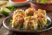 Steamed Asian dumplings garnished with green onions and sesame seeds on rustic plate, served with spicy red sauce, fresh lime wedges on wooden table.