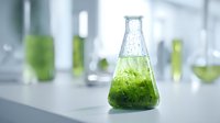 Laboratory flask with green liquid substance for scientific research and chemical experiments in modern lab environment.