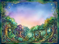 Enchanted forest landscape with mystical trees, glowing lights, and ornate decorative border frame. Suitable for fantasy artwork, book illustrations, and magical themed designs.