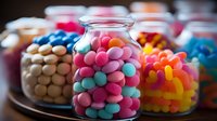Colorful candy balls in glass jars at candy shop display. Pink, turquoise, orange and beige sweets arranged in transparent containers create vibrant confectionery pattern.
