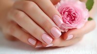 Elegant female hands with pink manicure holding delicate rose flower, showcasing beauty and nail care in soft pastel tones.